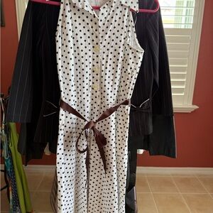 Polka Dot Sleeveless Dress with Brown Belt